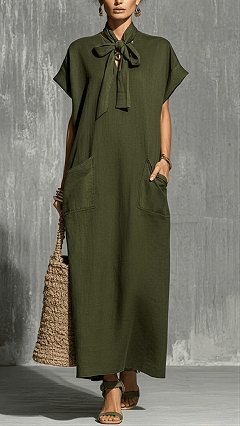 Women's Solid-color V-neck Short-sleeve Casual Loose Cotton-linen Dress