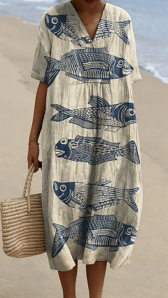 Women's Vintage Lovely Fish Art Print Flowy Dress