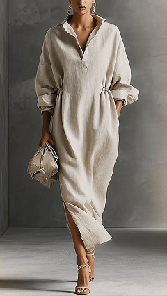 Women's Solid Color Lapel Long-sleeved Casual Loose Cotton Dress