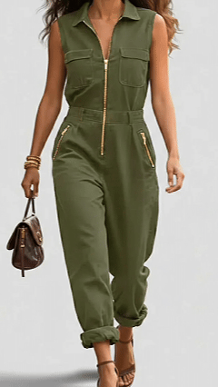 Fashionable And Casual Zippered Sleeveless Cotton Jumpsuit