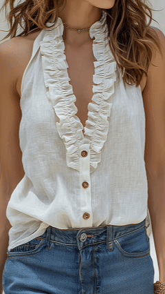 Stylish Ruffled-collar Sleeveless Linen And Cotton Top
