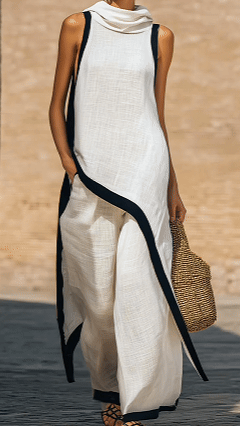 Artistic Cut Trim Elegant Linen Cotton Two-piece Set