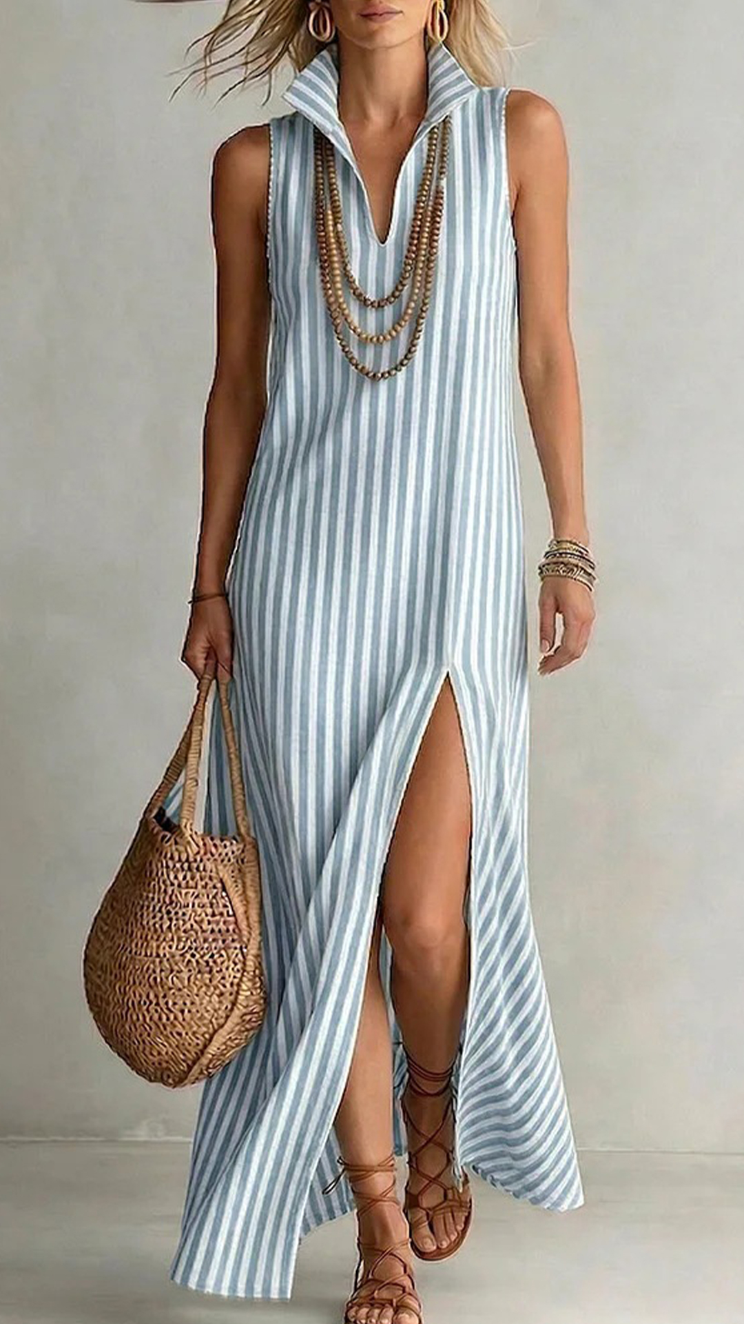 Women's Striped Sleeveless Shirt Collar Dress