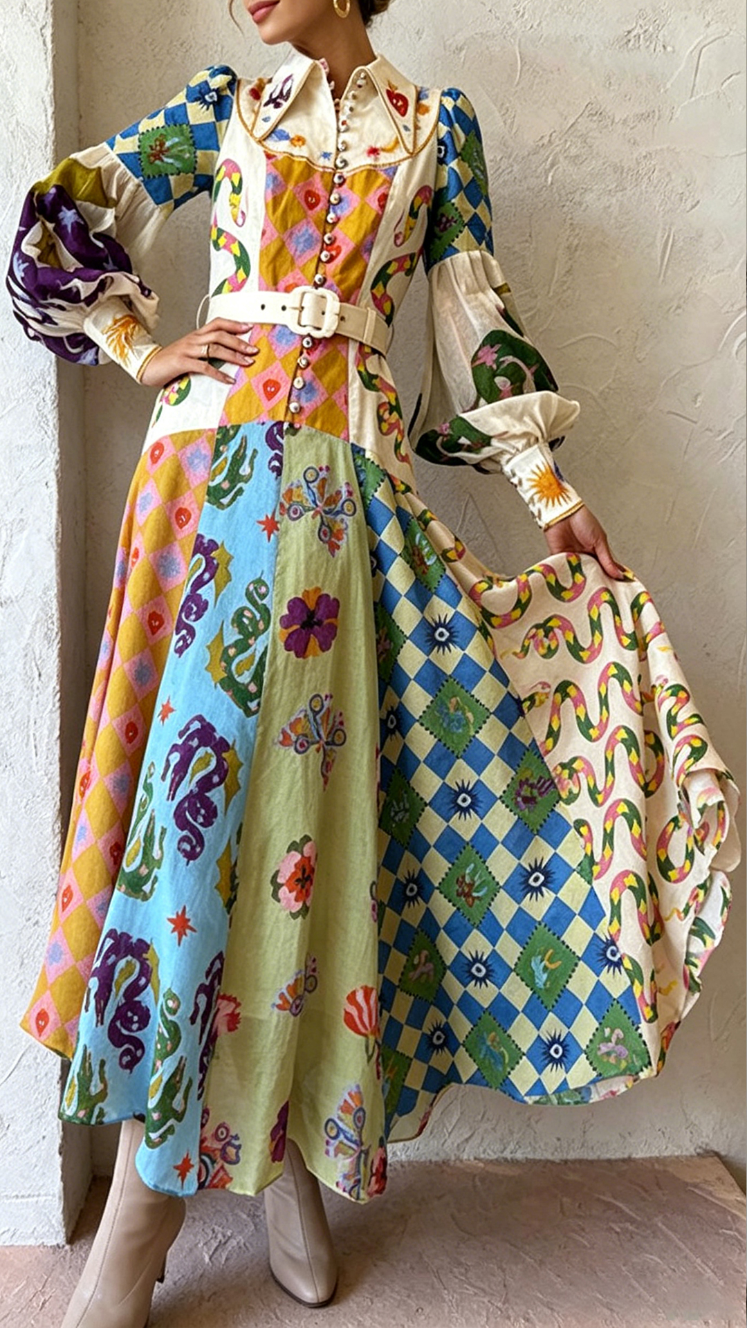 Women's Retro Art Print Shirt Dress