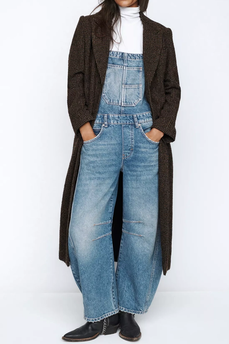 Women's casual washed loose denim overalls women's denim dungarees jumpsuit