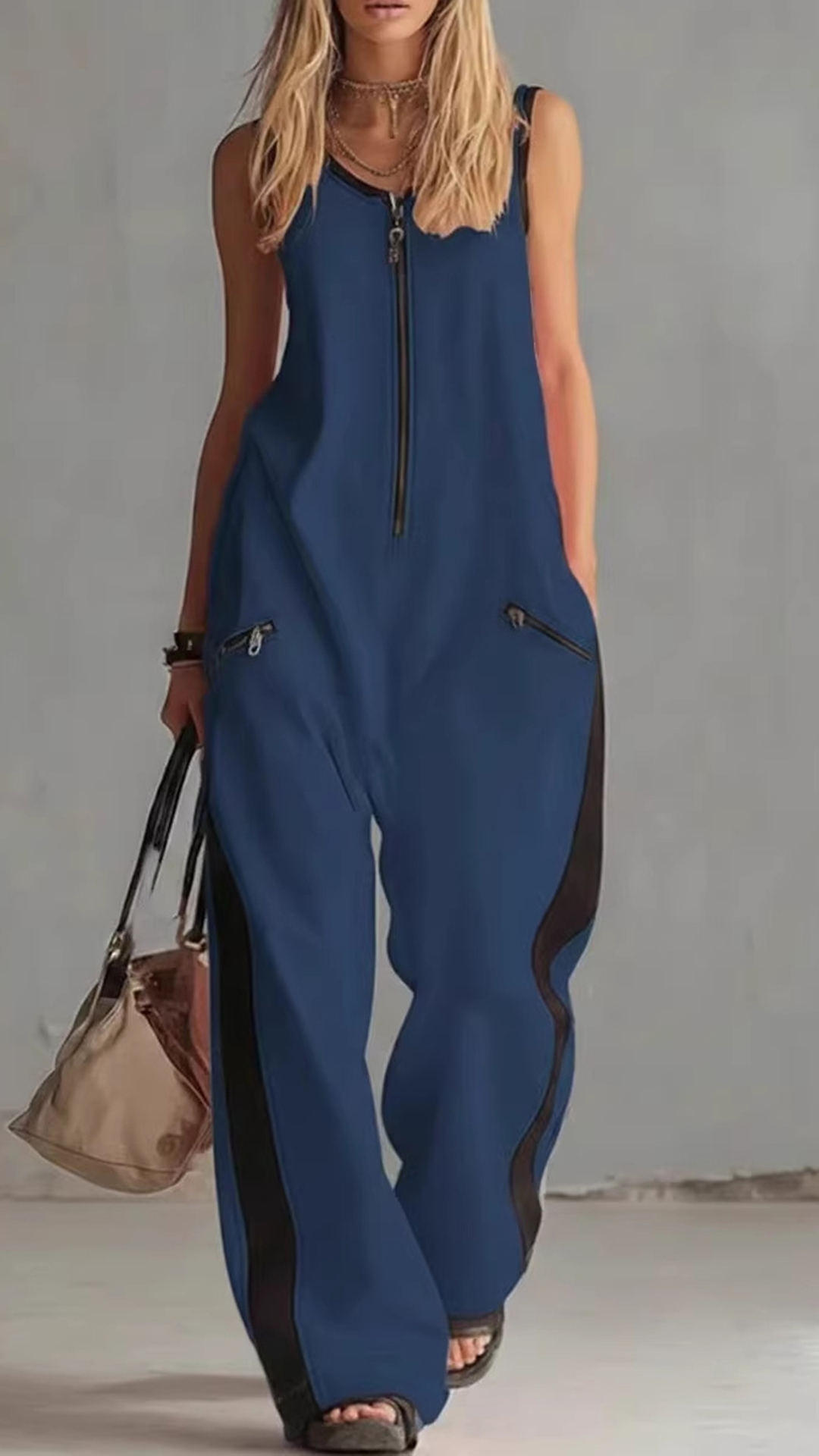 2026 Cross-Border European And American Summer New Amazon Independent Station Foreign Trade Zipper Round Neck Sleeveless Casual Cotton Wide Leg