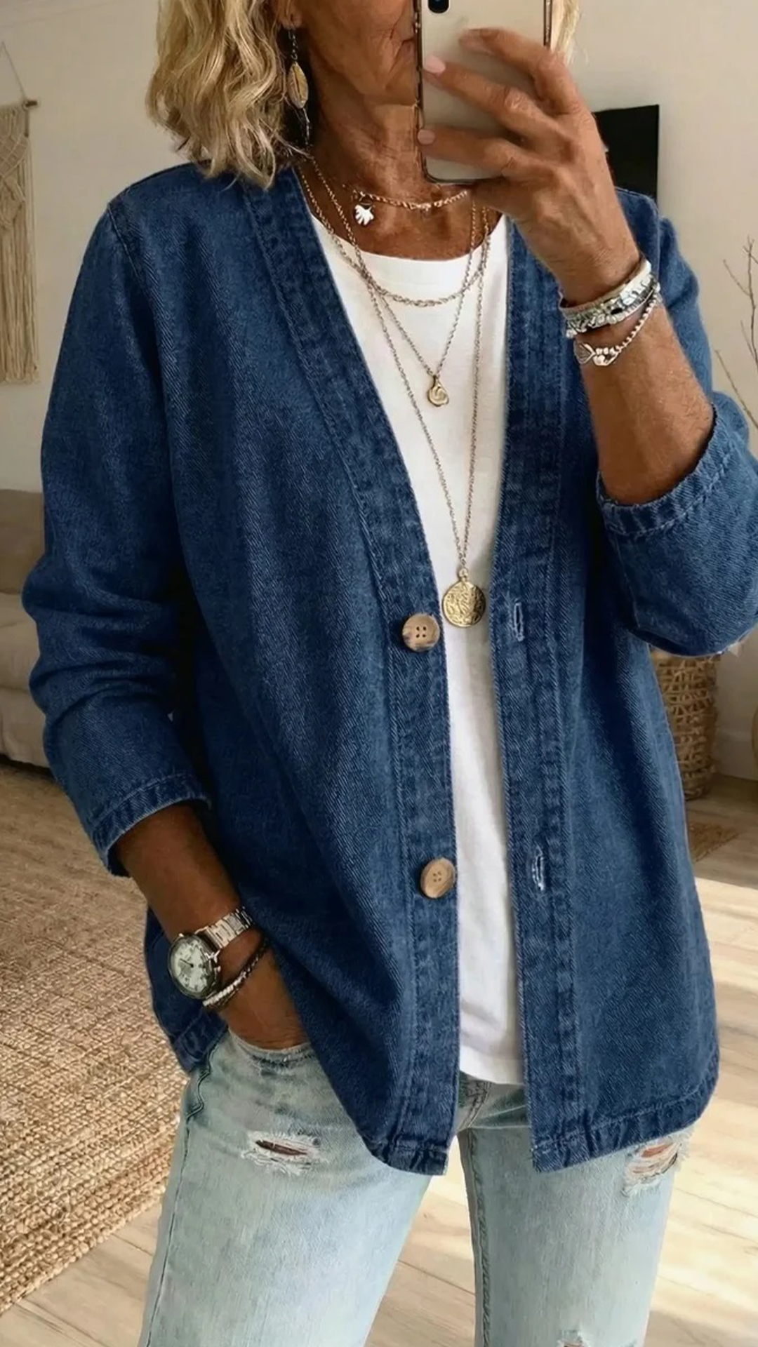 Women's Polyester Denim-Like V-Neck Cardigan