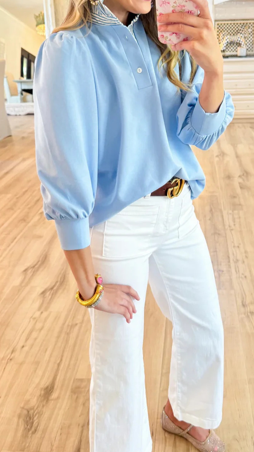 Women's  Stand Collar Color-Blocked Striped Loose Puff Sleeve Blouse