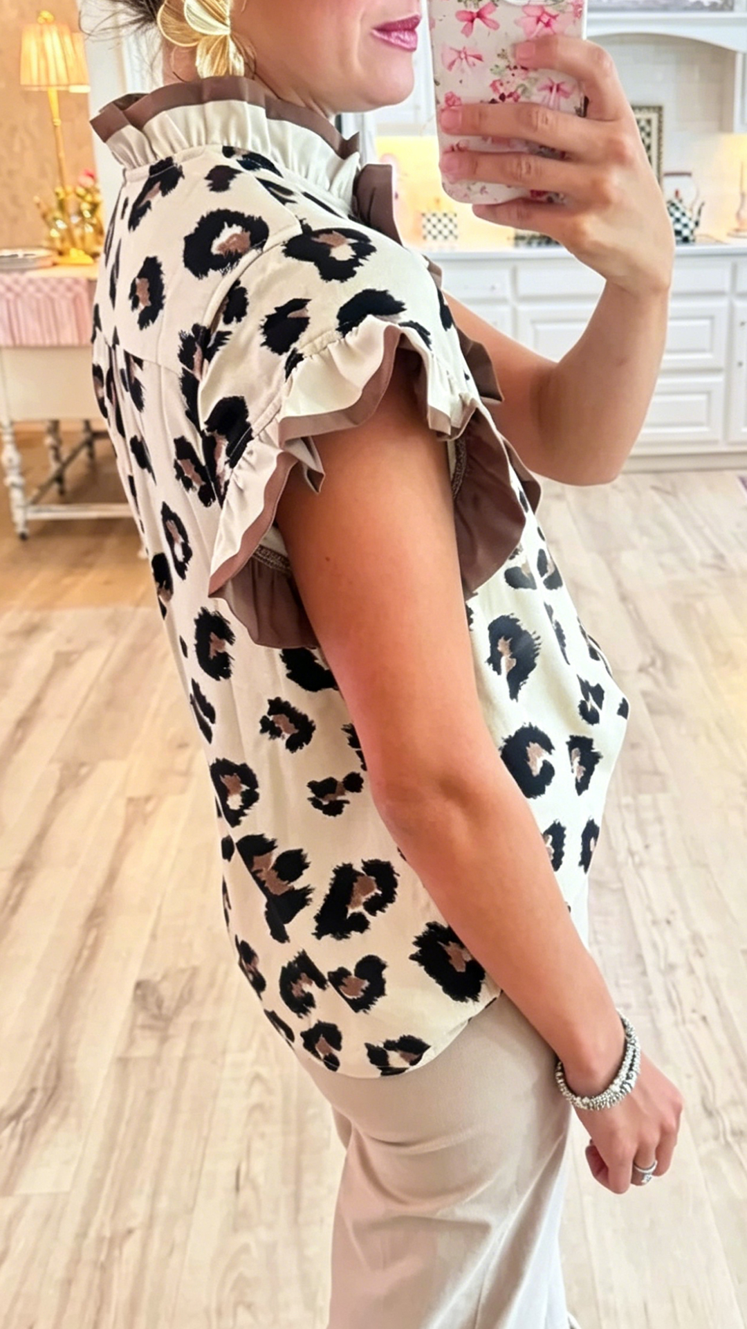 Women's  Leopard Patchwork Ruffled Edge Loose Short Sleeve Shirt