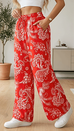 Women's  Elastic Waist Retro Print Loose Wide Leg Polyester Pants