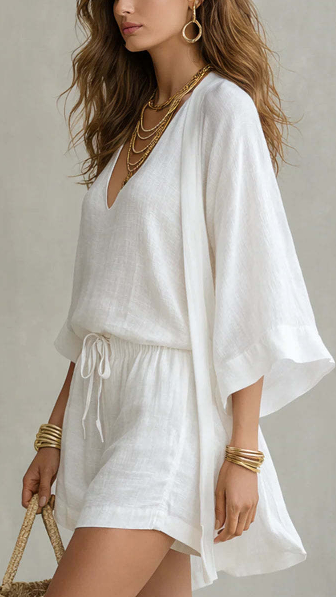 Women's  Linen-Blend Three-Piece Set (Kimono + Tank + Shorts)