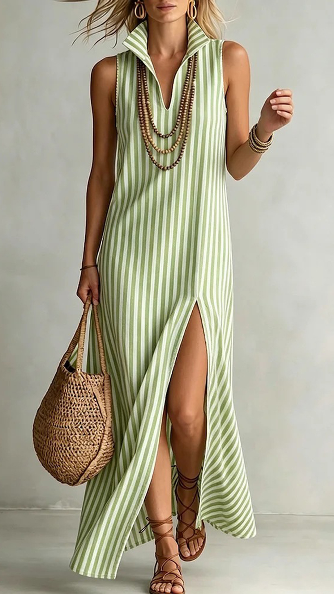 Women's Striped Sleeveless Shirt Collar Dress