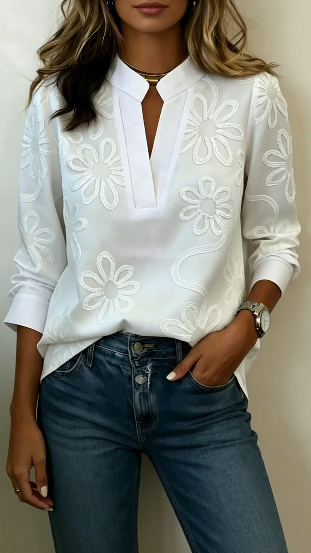 Women's Floral Print Cotton-Blend Stand Collar Blouse
