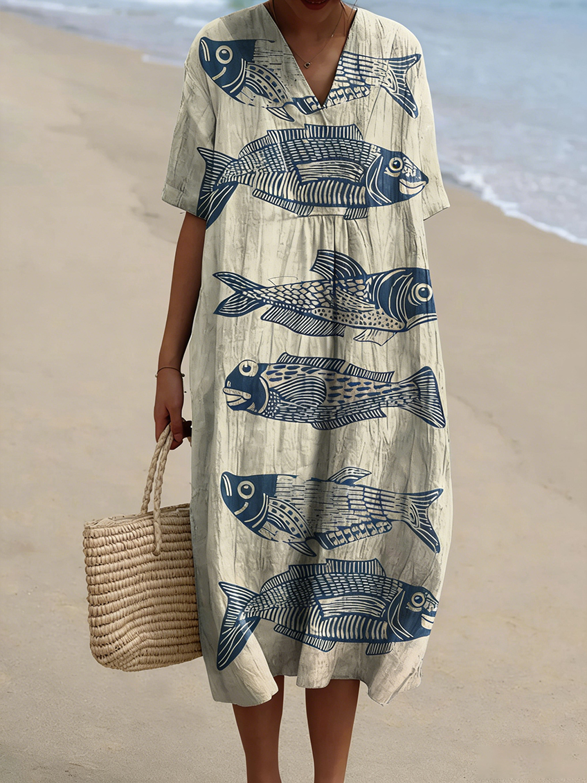 Women's Vintage Lovely Fish Art Print Flowy Dress