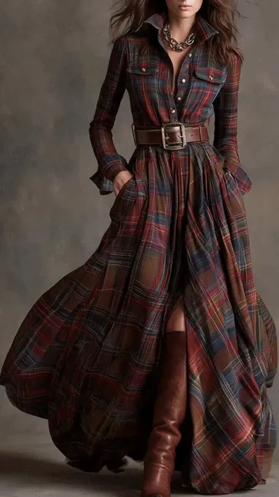 Women's Vintage Plaid Long Dress with Lapel Collar+Belt