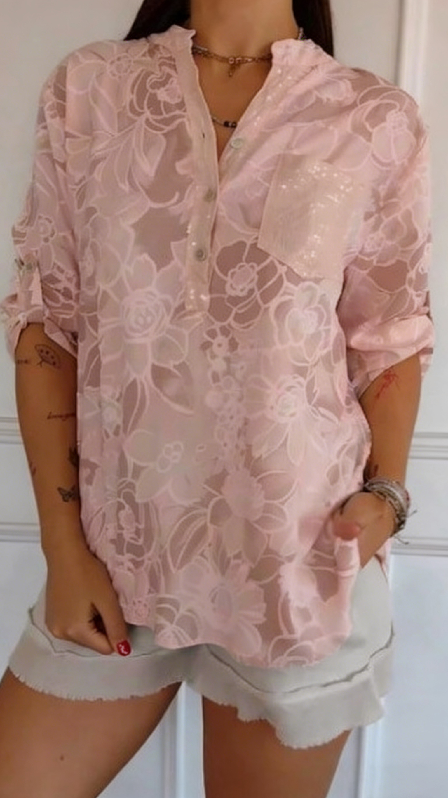 Women's Casual Printed Shirt with Patch Pockets and Sequins