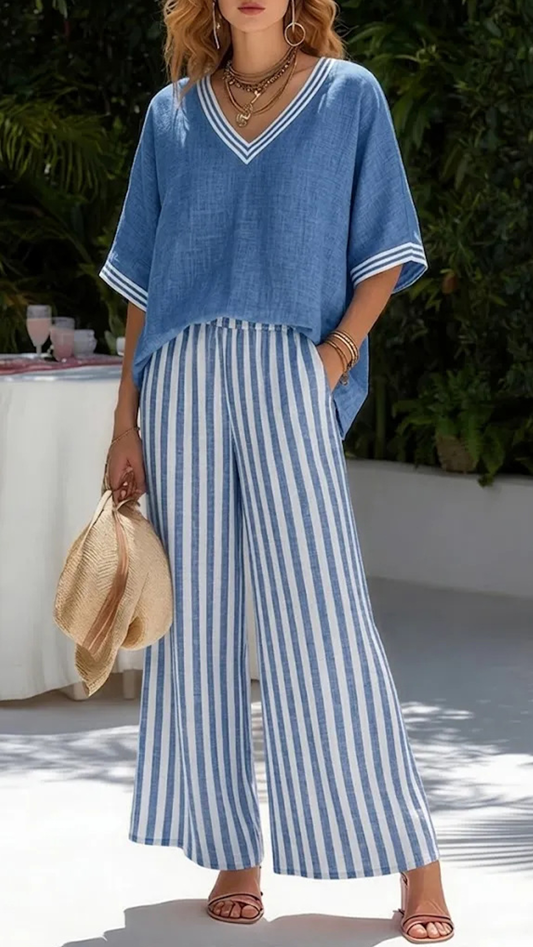 [Copy]Minimalist V-neck Shirt And Wide-leg Pants Two-piece Set