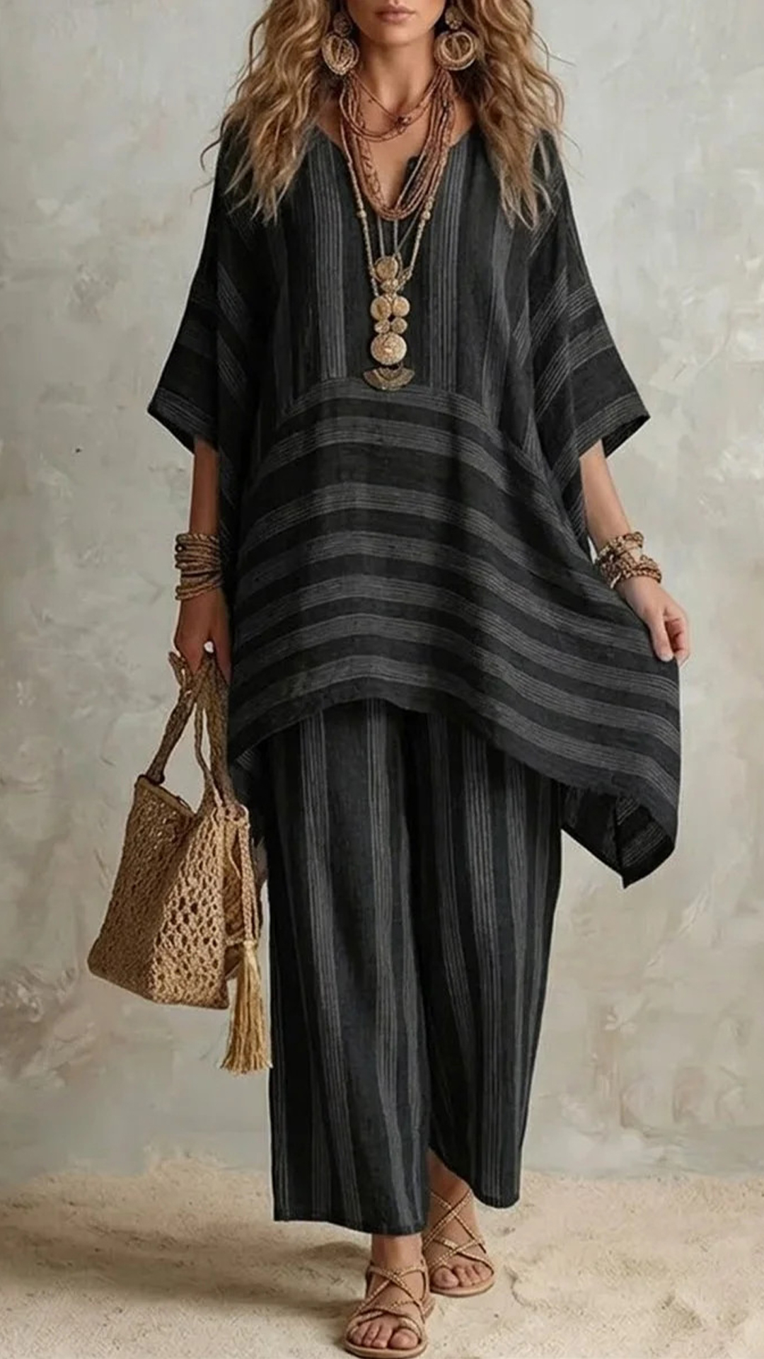 Casual Loose Striped Cotton And Linen Top And Pants Two-piece Set