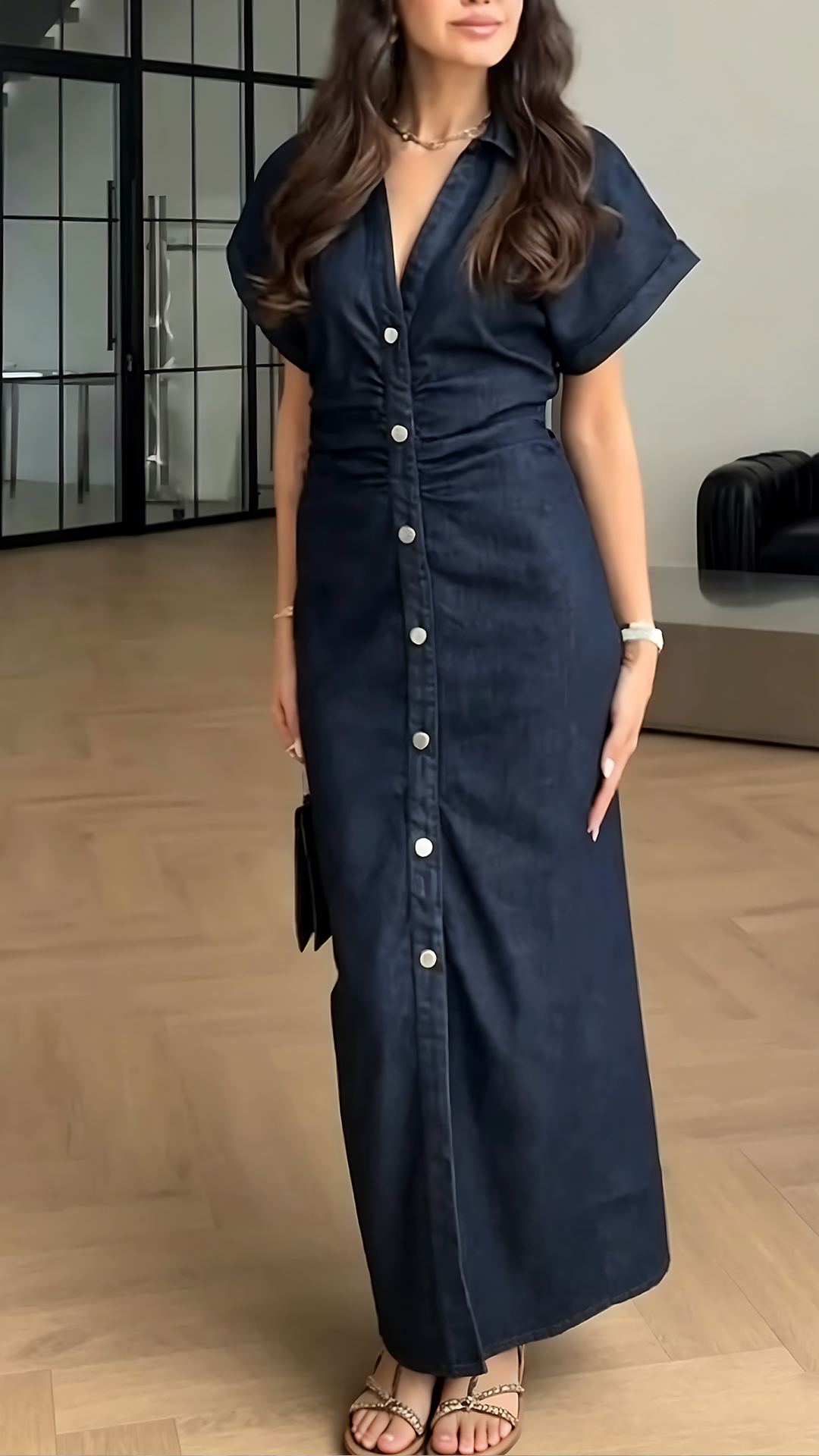 [Copy] Women's Collared Short-Sleeve Denim Loose-Fitting Mini Dress