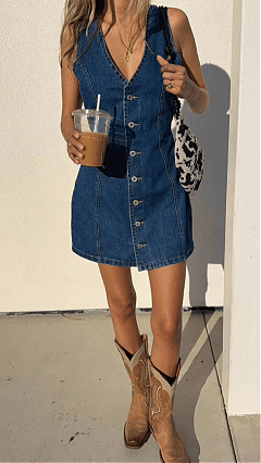 Women's V-Neck Single-breasted Sleeveless Denim Mini Dress