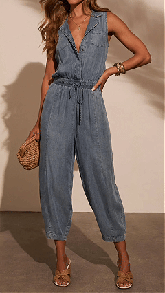 Women's Sleeveless Lapel Denim Waist‑Cinch Cropped Jumpsuit
