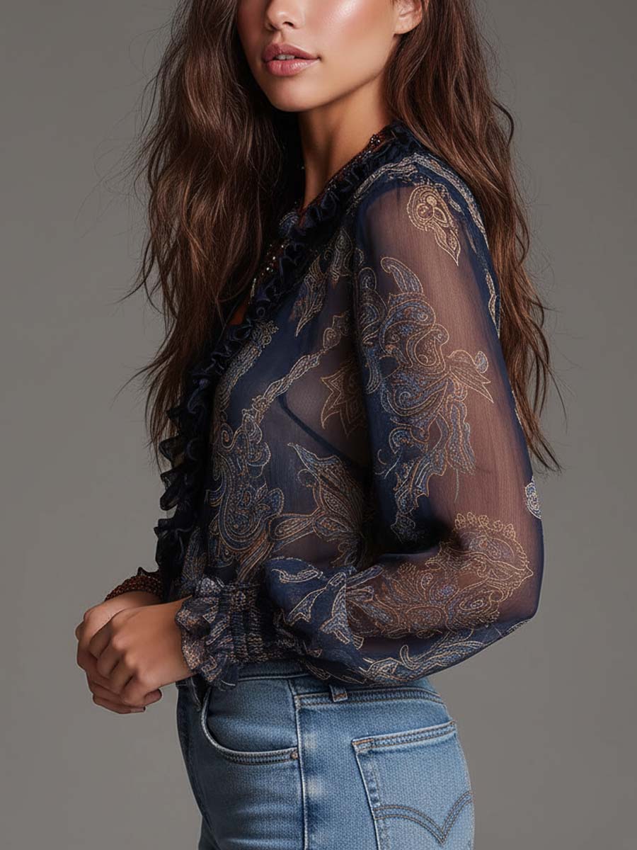 Women's Baroque Paisley Ruffled Zip-Front Chiffon Blouse