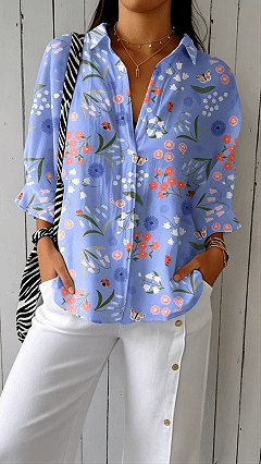 Women's Blue Floral Print Polyester Shirt