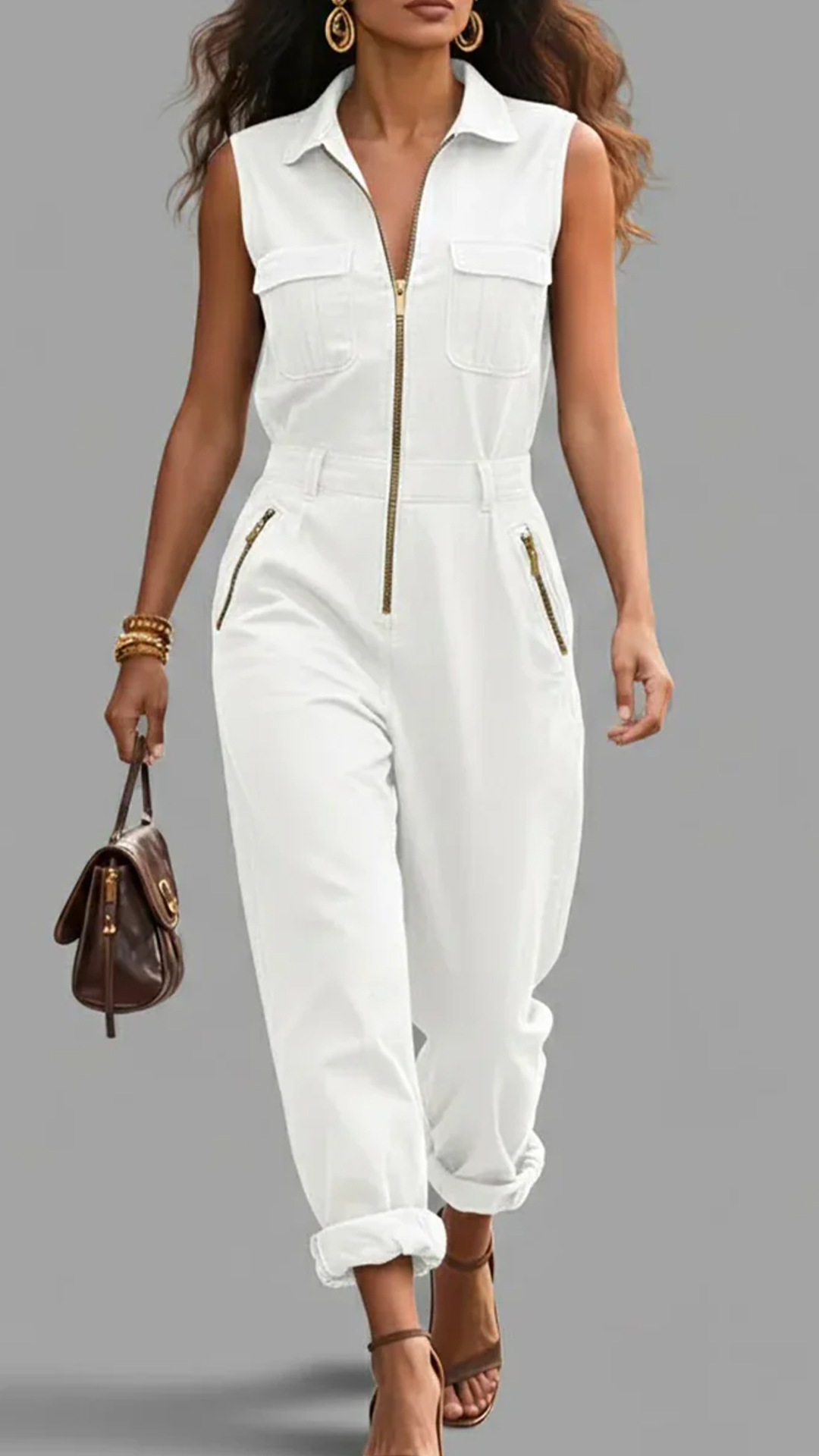 Fashionable And Casual Zippered Sleeveless Cotton Jumpsuit