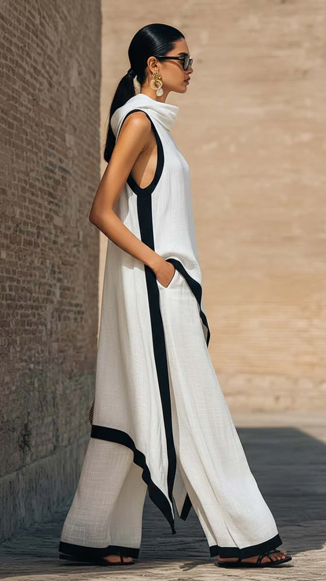 Artistic Cut Trim Elegant Linen Cotton Two-piece Set