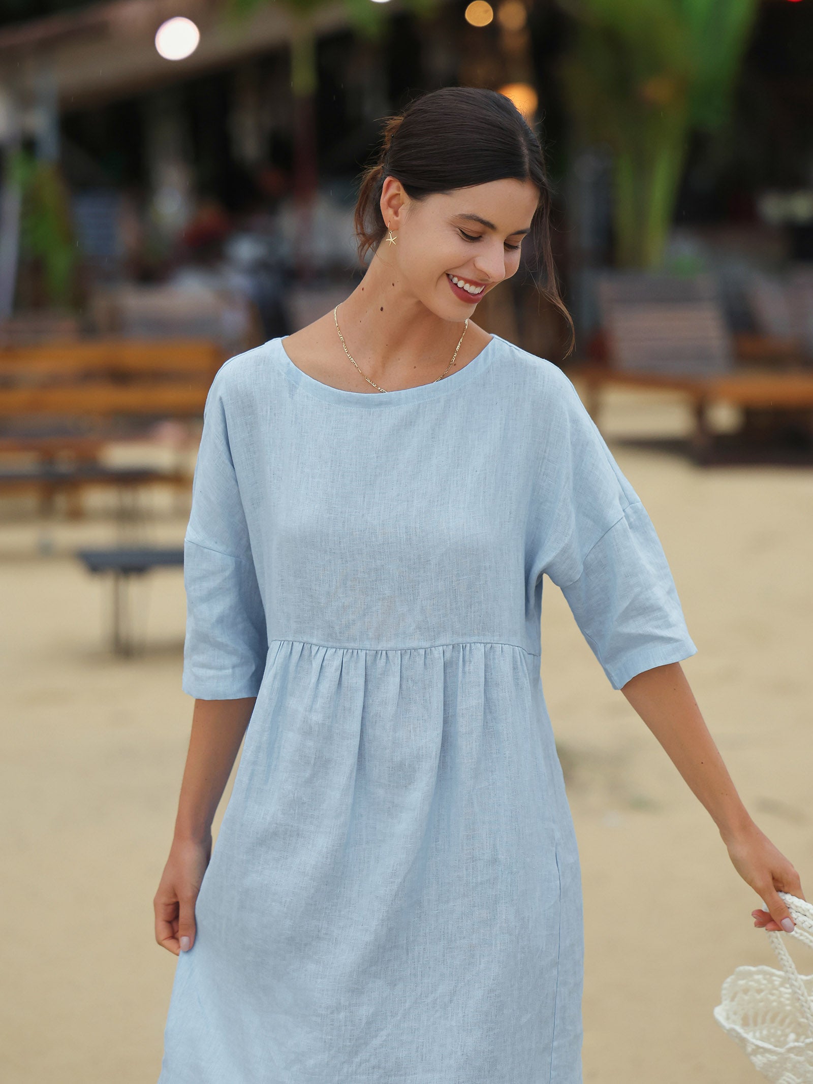 Women's Cotton-Linen Casual Short-Sleeve Dress Loose Fit, Round Neck, Pockets, and Pleated Details