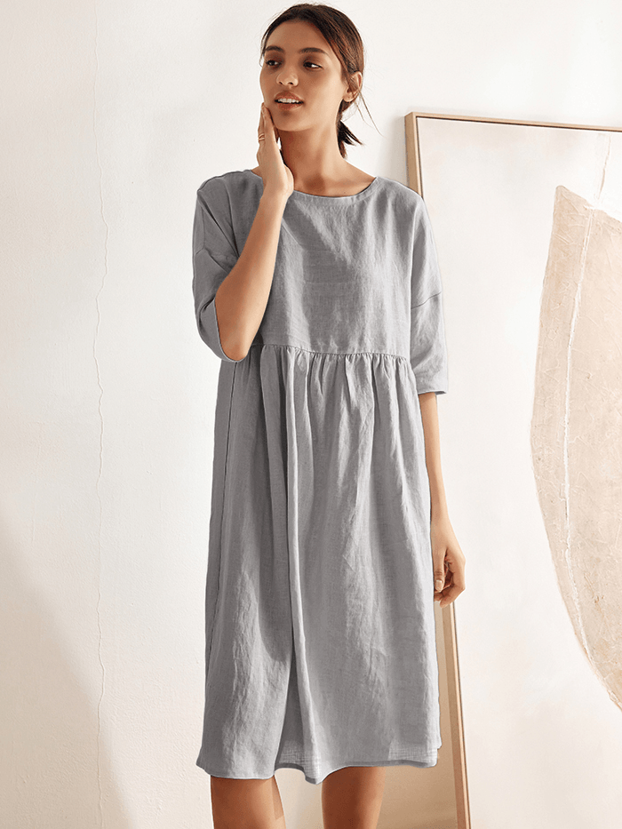 Women's Cotton-Linen Casual Short-Sleeve Dress Loose Fit, Round Neck, Pockets, and Pleated Details