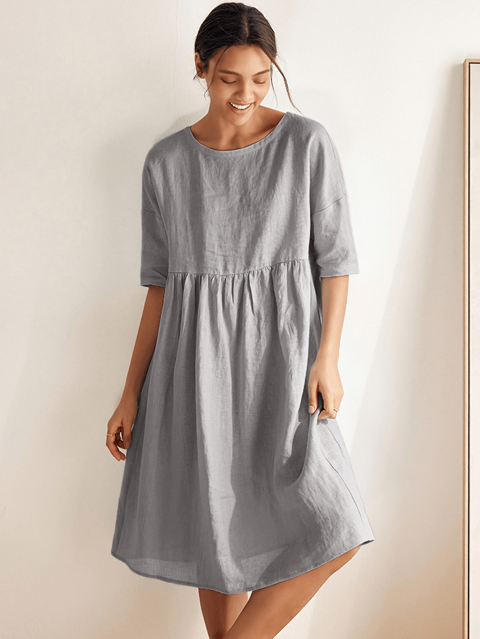 Women's Cotton-Linen Casual Short-Sleeve Dress Loose Fit, Round Neck, Pockets, and Pleated Details