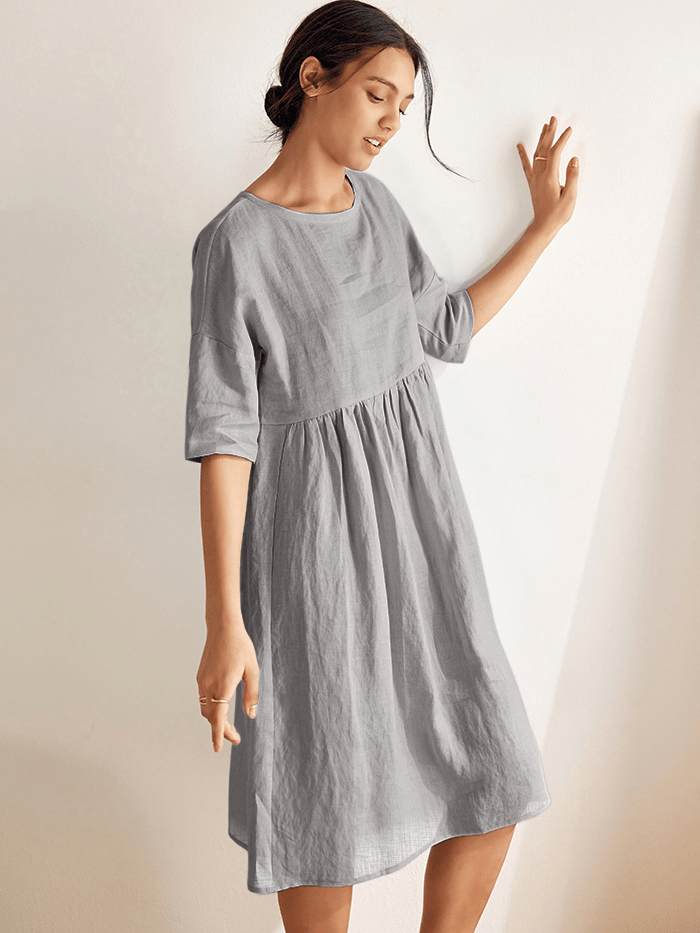 Women's Cotton-Linen Casual Short-Sleeve Dress Loose Fit, Round Neck, Pockets, and Pleated Details