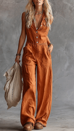 Women's Solid Color Shirt Collar Sleeveless Casual Loose Cotton And Linen Wide-leg Jumpsuit