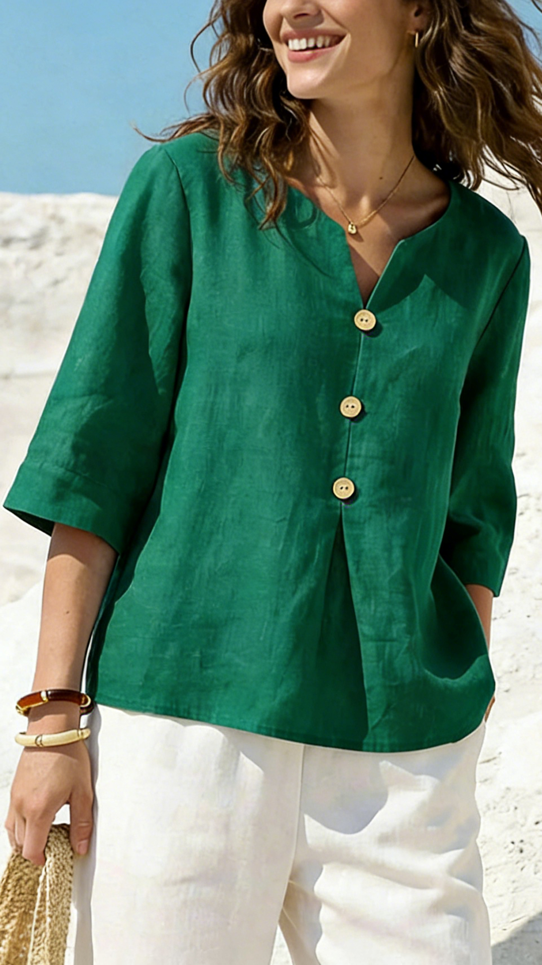 Women's Solid Color V-neck 3/4 Sleeve Casual Loose Cotton Linen Top