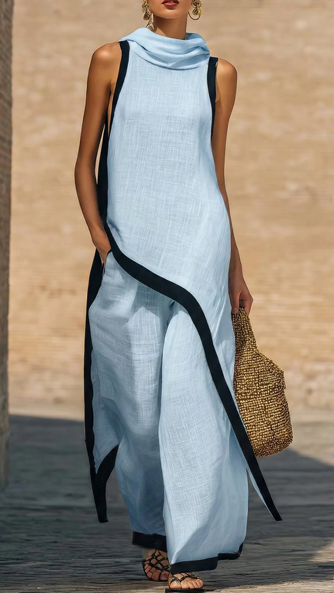 Artistic Cut Trim Elegant Linen Cotton Two-piece Set