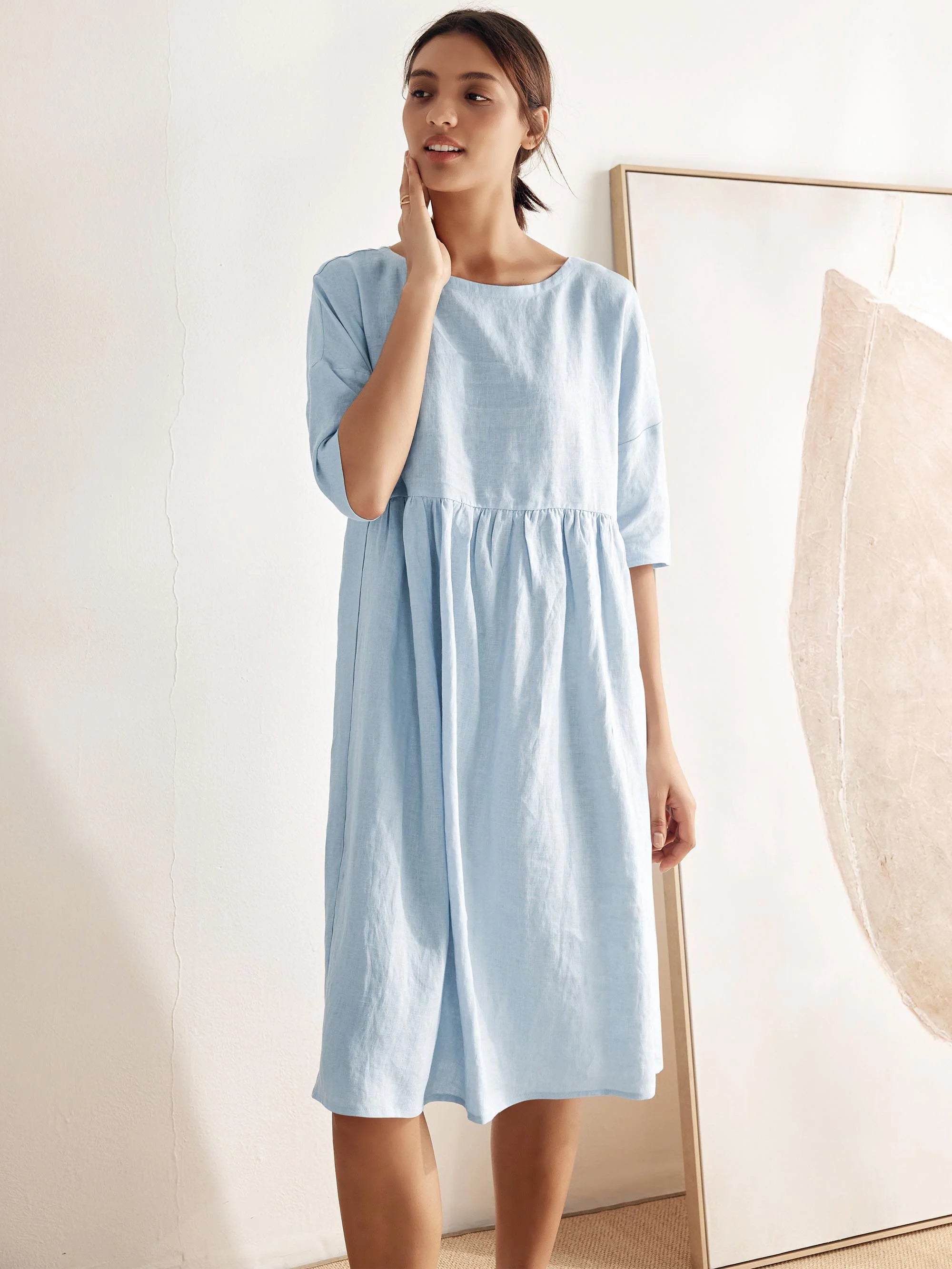 Women's Cotton-Linen Casual Short-Sleeve Dress Loose Fit, Round Neck, Pockets, and Pleated Details