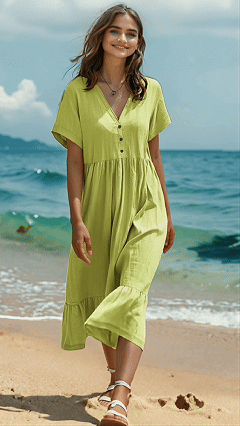 Women's Midi Dress Cotton Linen Dresses Summer Dress Fashion Casual Daily Regular Fit Solid Color Short Sleeve V Neck Light Green Dark Green Orange Dark Grey Summer