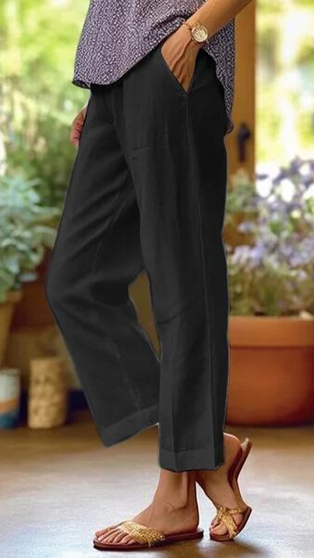 Women's Cotton-linen Solid Color Elastic Waist Pockets Straight Leg Loose-fit Casual Trousers