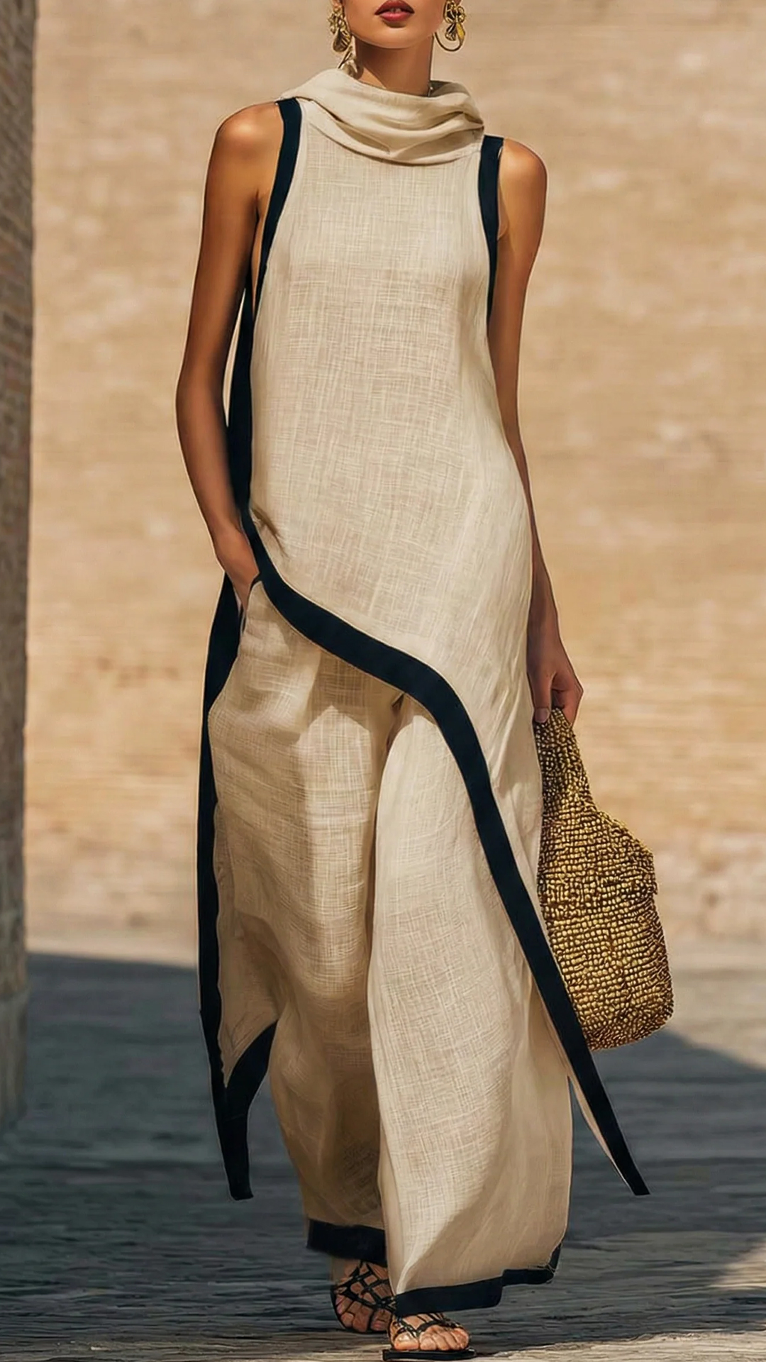 Artistic Cut Trim Elegant Linen Cotton Two-piece Set