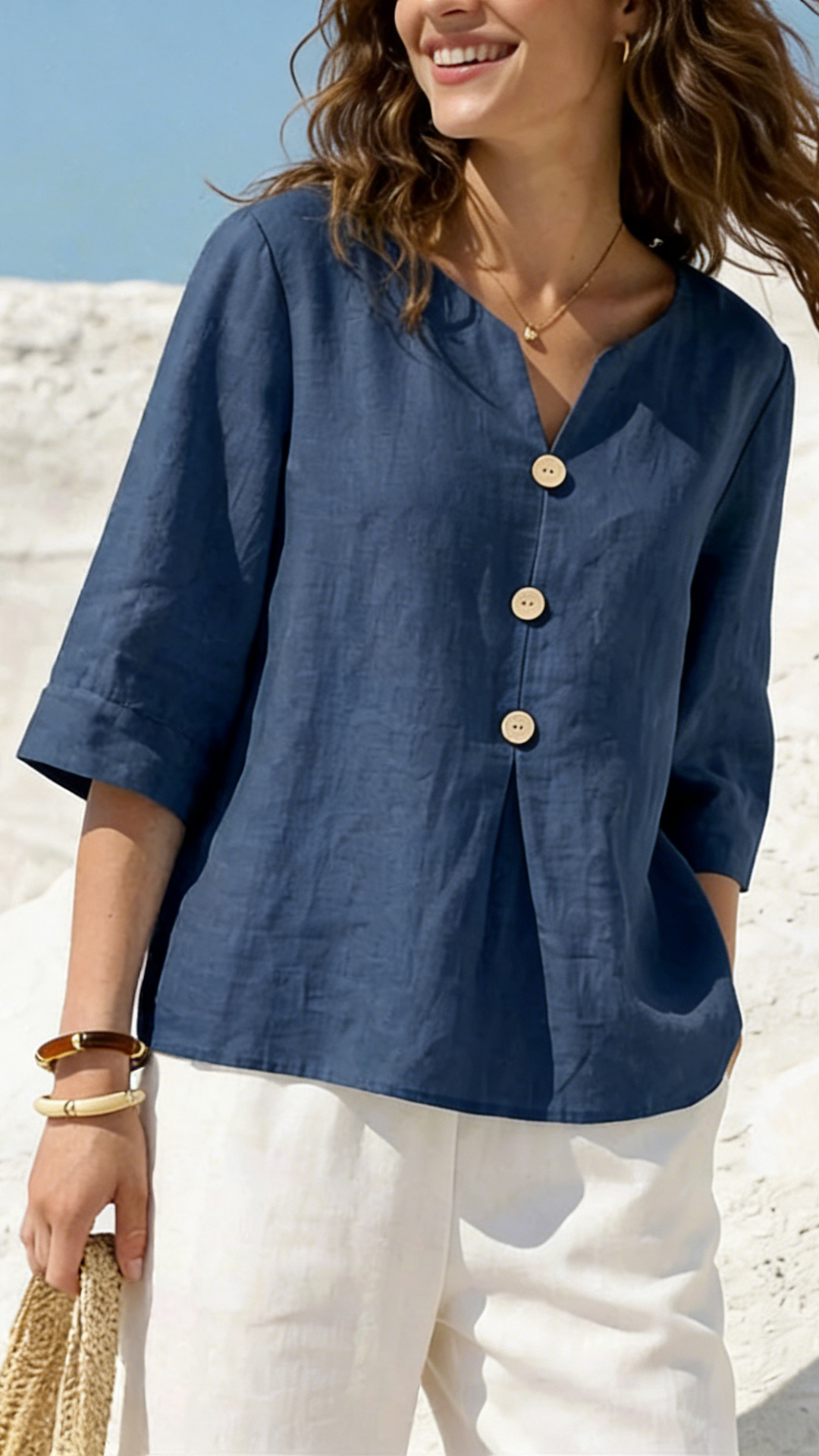 Women's Solid Color V-neck 3/4 Sleeve Casual Loose Cotton Linen Top