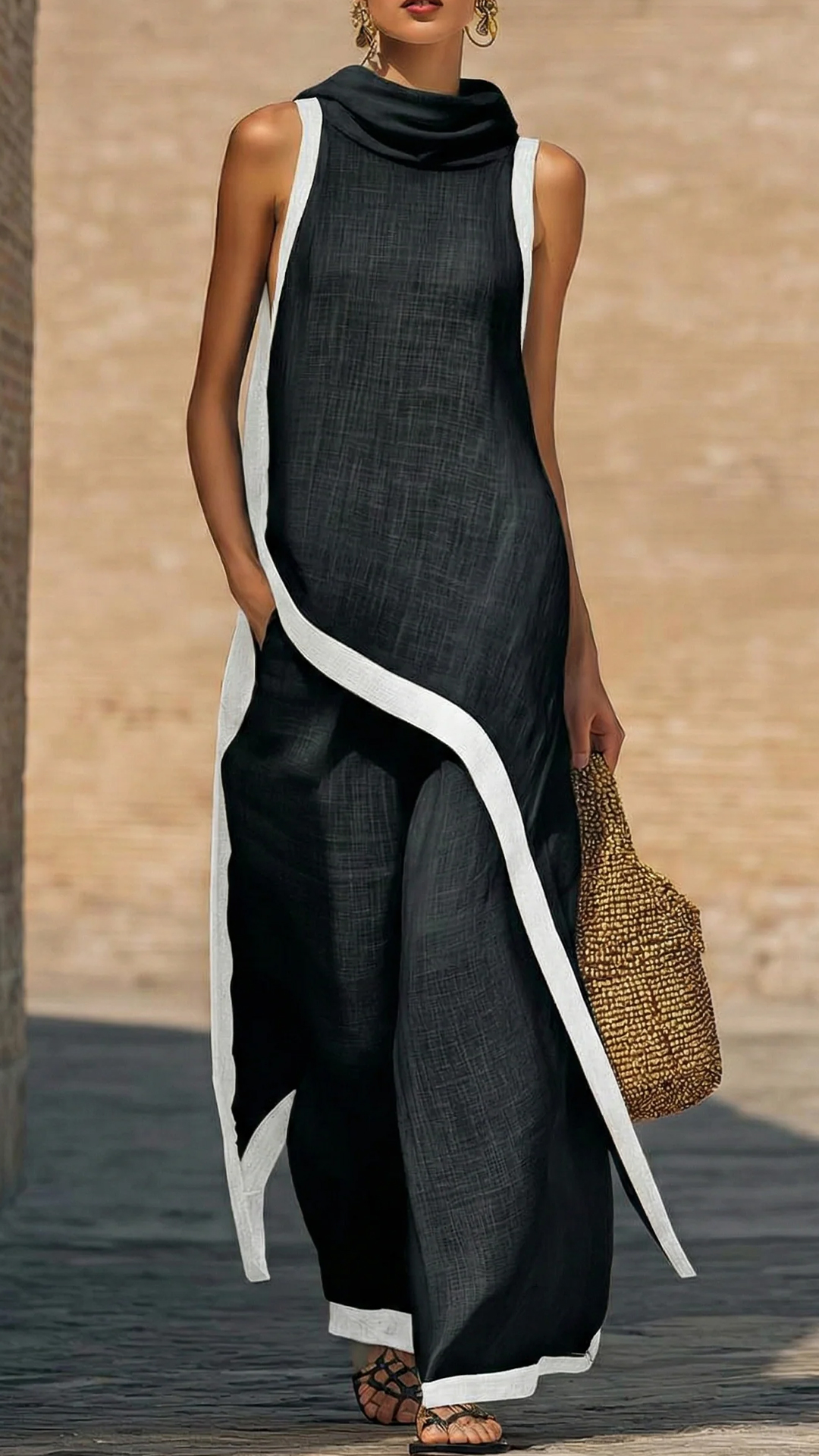 Artistic Cut Trim Elegant Linen Cotton Two-piece Set