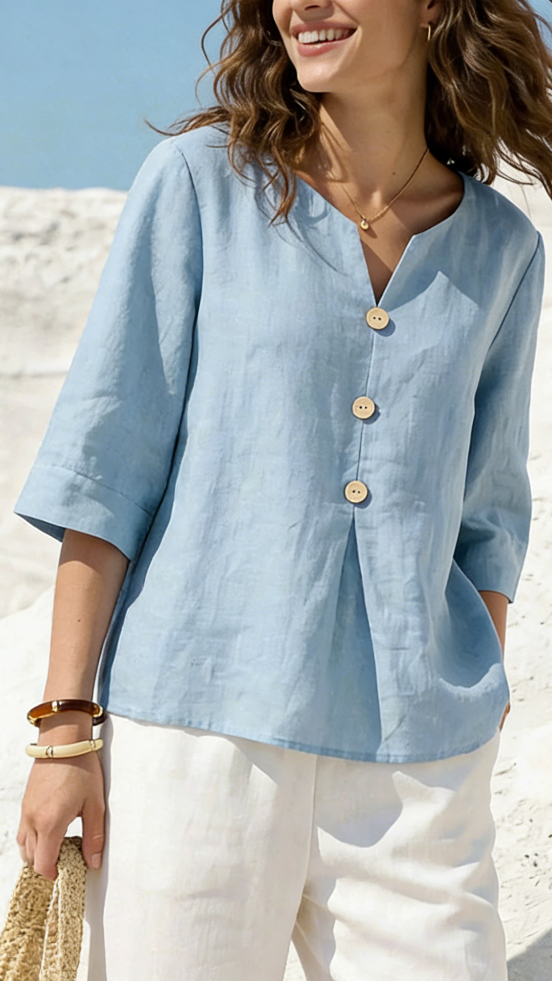 Women's Solid Color V-neck 3/4 Sleeve Casual Loose Cotton Linen Top