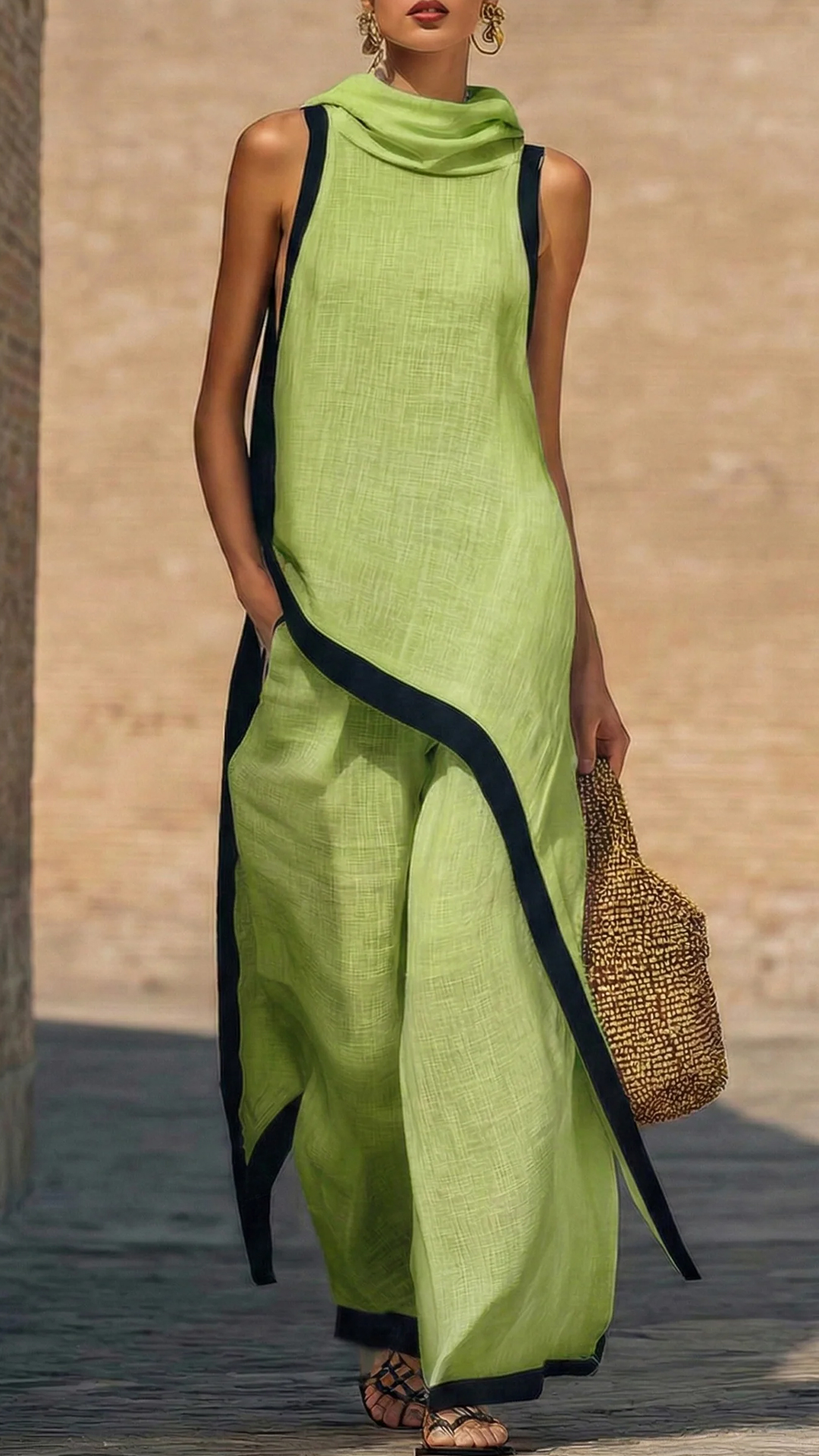 Artistic Cut Trim Elegant Linen Cotton Two-piece Set