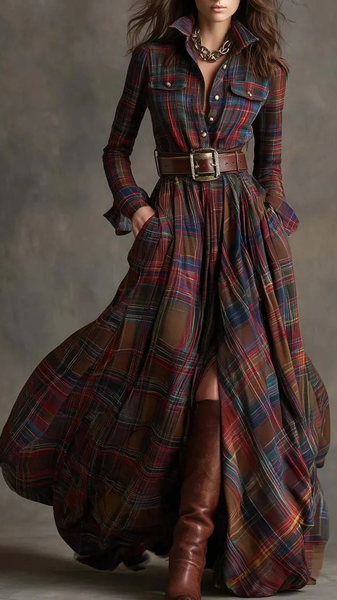Women's Vintage Plaid Long Dress with Lapel Collar+Belt