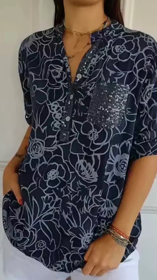 Women's Casual Printed Shirt with Patch Pockets and Sequins