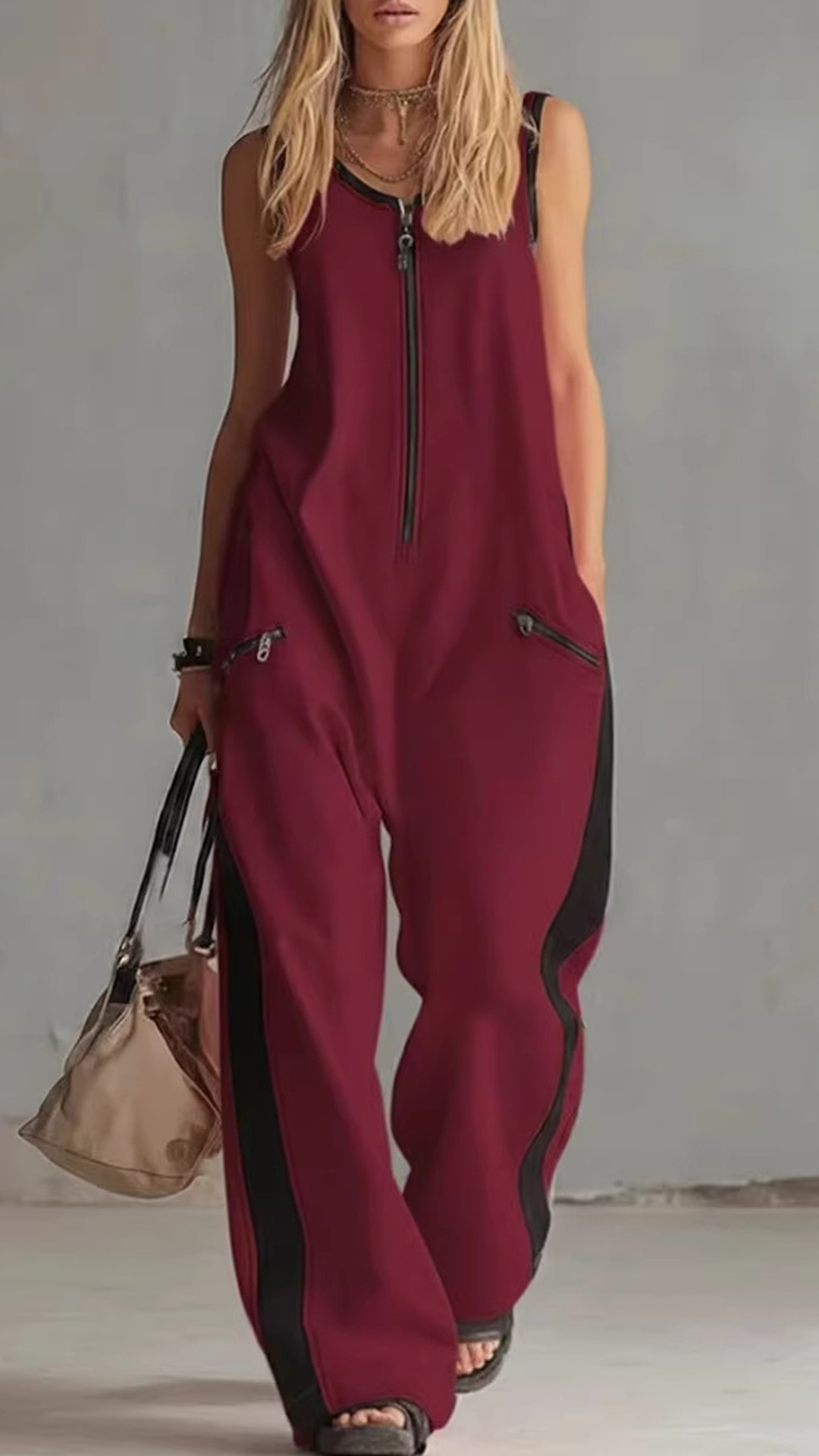 2026 Cross-Border European And American Summer New Amazon Independent Station Foreign Trade Zipper Round Neck Sleeveless Casual Cotton Wide Leg