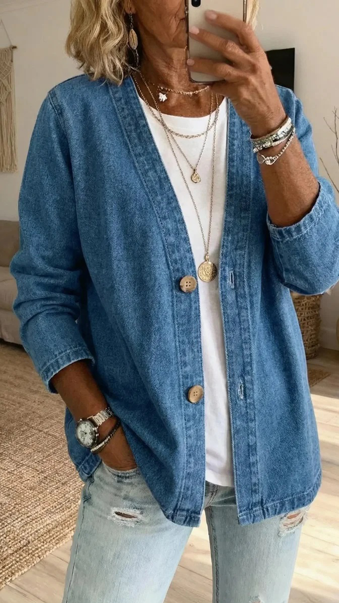Women's Polyester Denim-Like V-Neck Cardigan