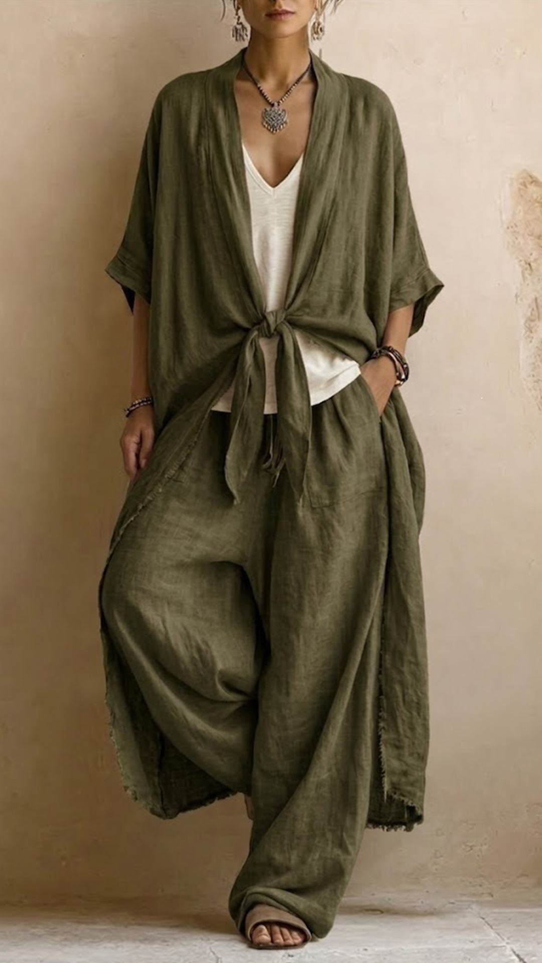 Vintage-effect Polyester Tie-front Cardigan & Wide-leg Pants Set