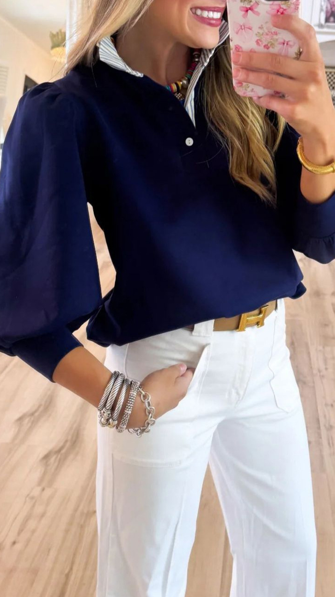 Women's  Stand Collar Color-Blocked Striped Loose Puff Sleeve Blouse